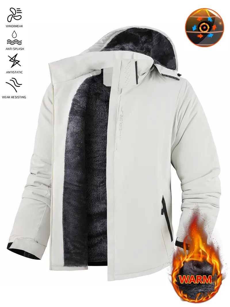 Men’s thickened waterproof windproof outdoor hooded ski jacket, slim-fit all-season sports outerwear suitable for winter camping and hiking, with a windproof hood