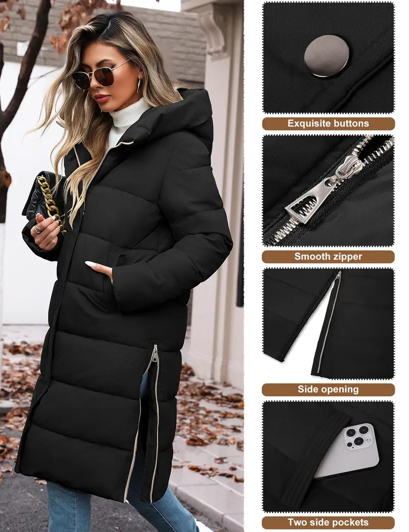 Womens Winter Long Puffer Coats Down Thicken Warm Quilted Jacket Mid-Length with Side Zipper and Hood Outerwear