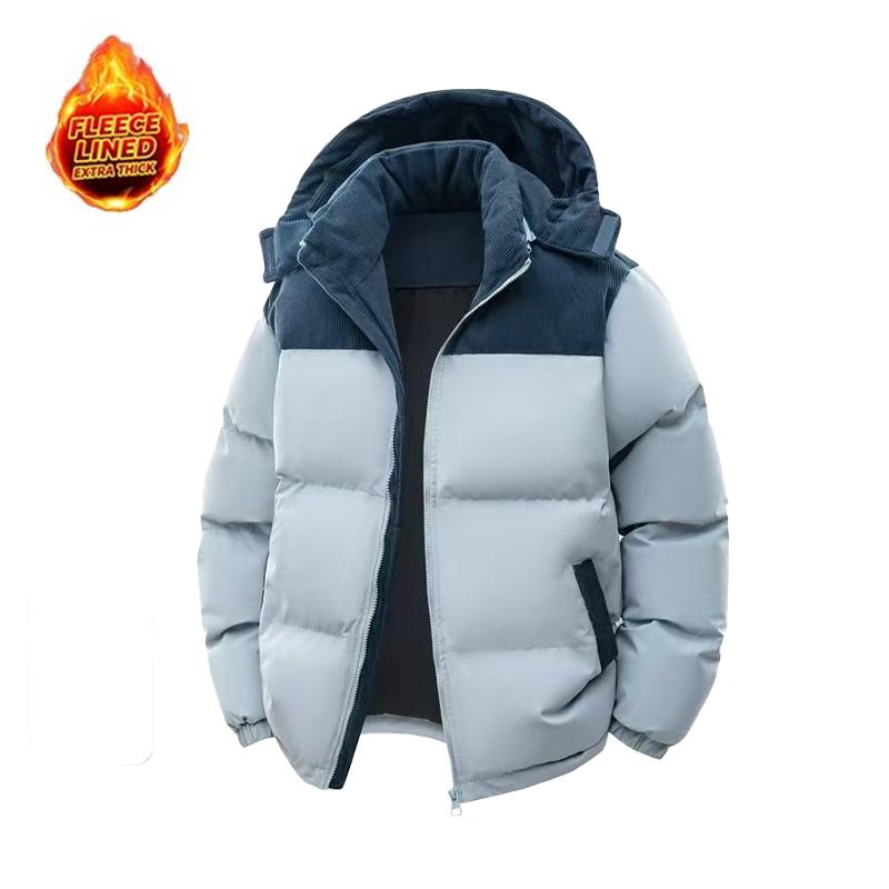 Unisex casual fleece-lined loose winter jacket with detachable hood; warm color-block cotton jacket; couples’ winter cotton apparel; windproof and cold-resistant; couples’ warm color-block cotton jacket; vintage-style outerwear in khaki, black, an...