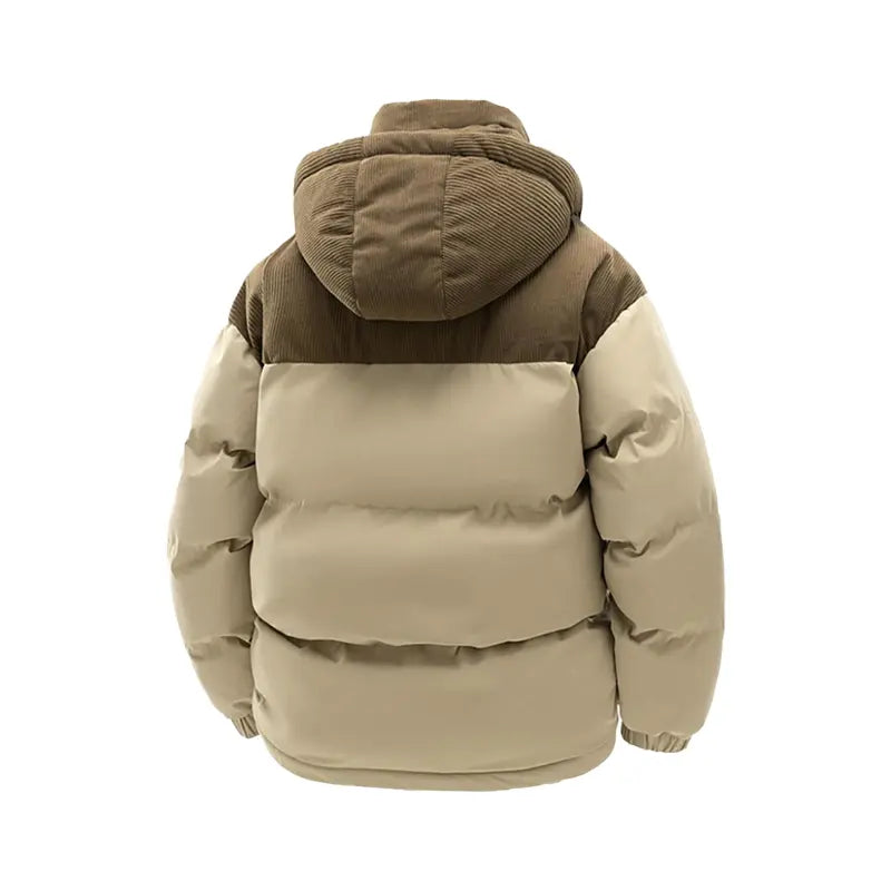 Unisex casual fleece-lined loose winter jacket with detachable hood; warm color-block cotton jacket; couples’ winter cotton apparel; windproof and cold-resistant; couples’ warm color-block cotton jacket; vintage-style outerwear in khaki, black, an...