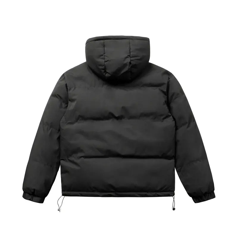Men's Basic Casual Oversized Streetwear Hooded Down Jacket - Solid Color Polyester Winter Coat with Thickened Zipper, Patch Pockets