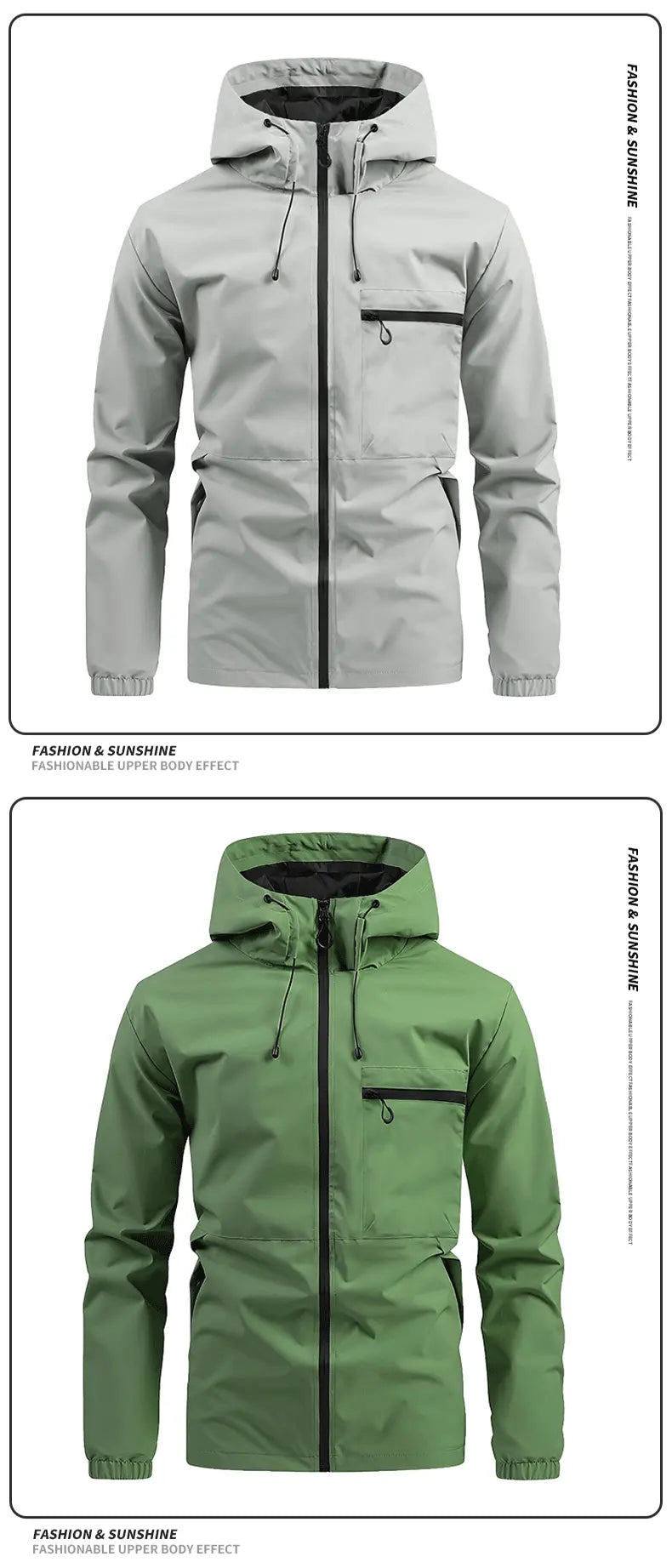 Men's Fitted Solid Woven Hooded Jacket - Waterproof, Windproof, with Zippered Pockets for Outdoor, Casual Wear