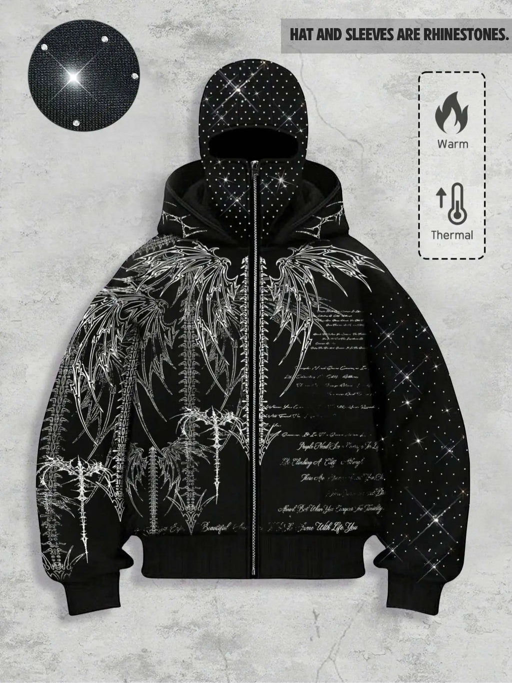 double hood rhinestone street casual loose men's zipper hoodie eye print sweatshirt, Graphic print hoodie autumn and winter fleece warm men and women brand Y2K jacket cool nightclub rock hip-hop music festival