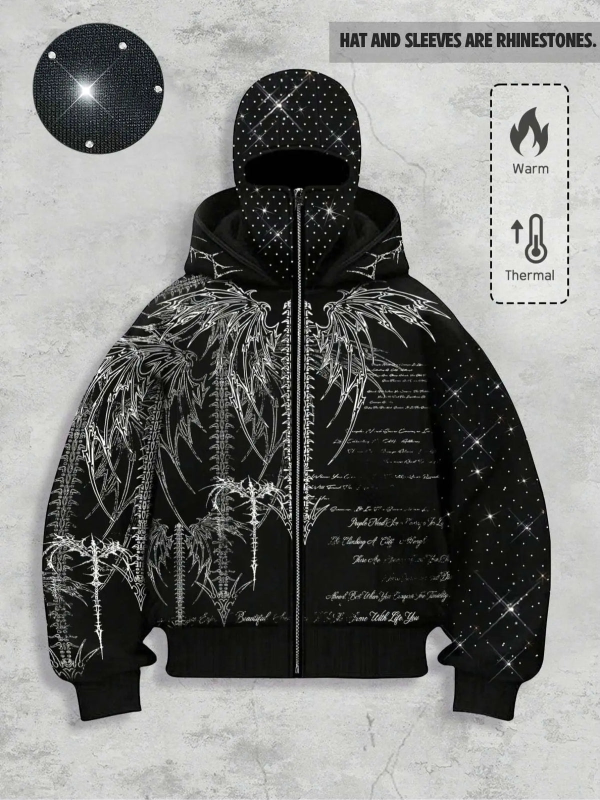 double hood rhinestone street casual loose men's zipper hoodie eye print sweatshirt, Graphic print hoodie autumn and winter fleece warm men and women brand Y2K jacket cool nightclub rock hip-hop music festival