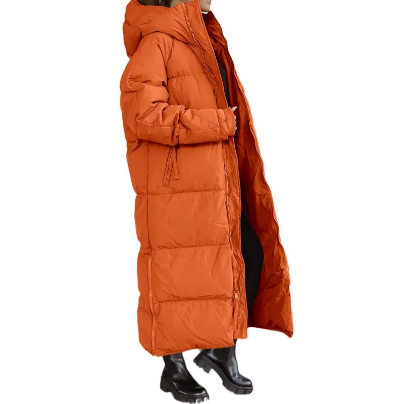Danedvi Women's Long-Sleeve Soft Padded Quilted Hooded Neck Maxi Down Puffer Jacket - Ribbed Windproof Shell, Pocket, Zippered Closure, Chic Cold-Weather Outerwear, Holiday Gift, Fashionable Basic for Date Outings, Perfect Gift, Down Jacket