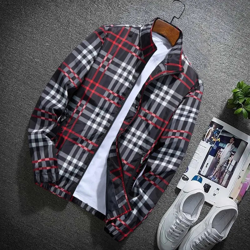 Men’s lightweight hooded jacket (with a stand collar option), zip-up windbreaker featuring adjustable drawstring and color-block stripe design, spring/autumn fashion style, men’s jacket, men’s outerwear, stylish khaki plaid pattern sohochic