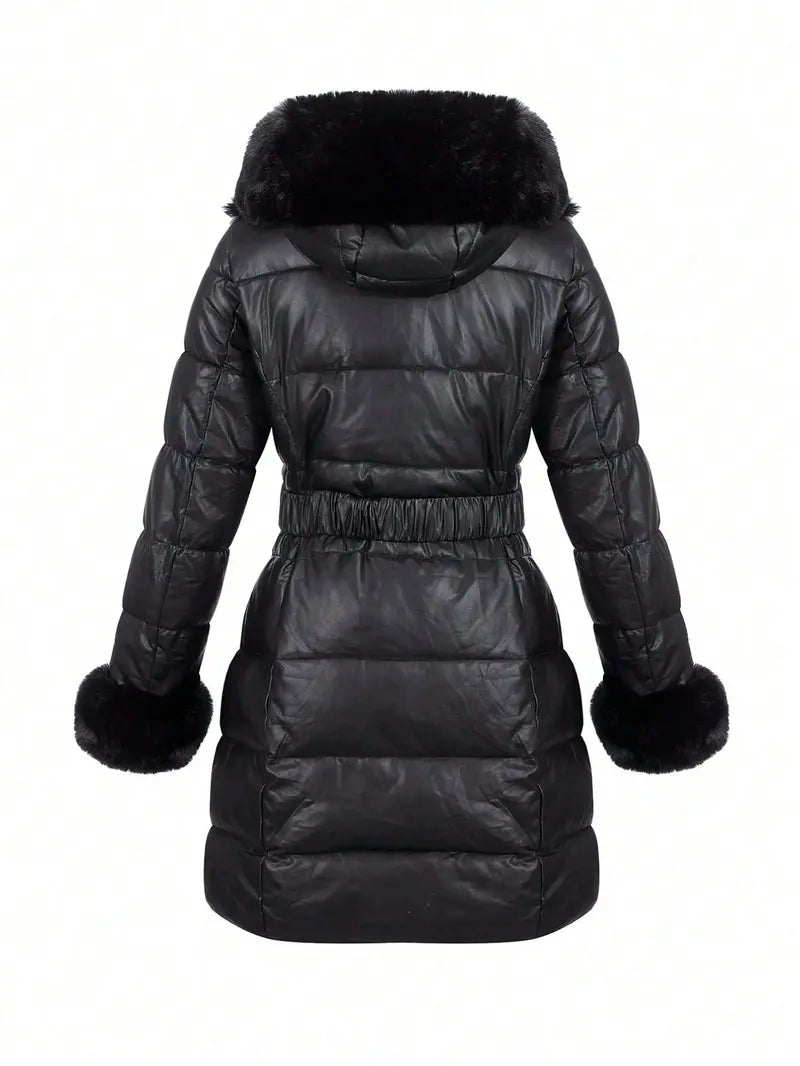 Women's Elegant Chic puffer Coat with Fleece Trim, Faux Fur & Belt, Mid-Length Fall Winter Hooded Fitted Woven Jacket, Warm Daily Wear Outerwear Tops, Womenswear