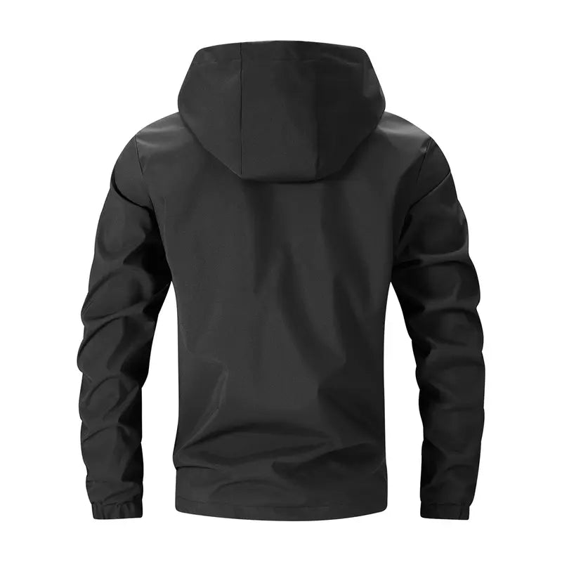 Men's Black Hooded Windbreaker Coat - Menswear Tops, Multi-Pocket Design with Yellow Contrast Tabs, Drawstring Adjustable Hood, Elastic Cuffs & Hem, Water-Repellent Fabric, Full Zip, Plain, Machine Wash for Spring Autumn Urban Street Casual Outfits