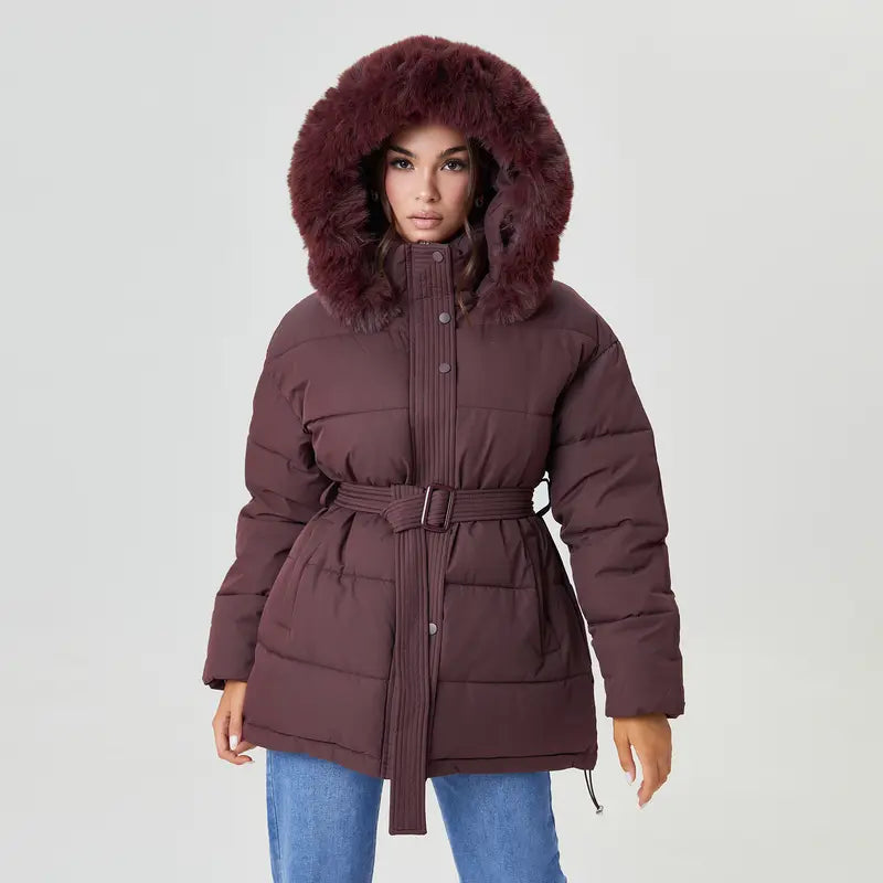 Katch Me Chic (US/CN)Women's Chic Solid Color Fluffy Hooded Zip-Up Belt Decor Cotton Coat, Cozy Outerwear Jacket for Fall & Winter, Classy Long Sleeve Womenswear
