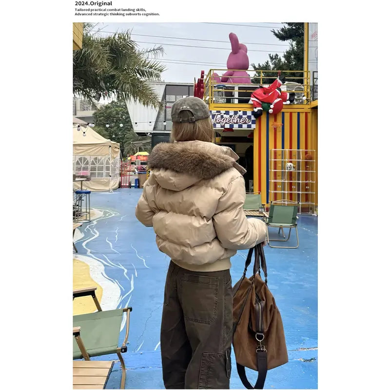 Autumn Winter Fur Hooded Jacket Women Outerwear Thick Dowon Cotton Padded Slim Short Parkas Female Cropped Puffer Bubble Coat