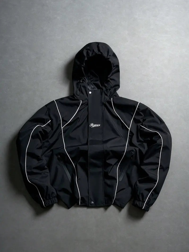 Men’s Fitted Short Hooded Windproof Hardshell Jacket - Adjustable Hood, Polyester Fabric, Lettering Detail, for Outdoor Hiking, Daily Commuting, Outfits
