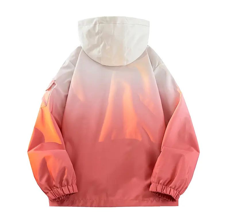 Men’s Gradient Long Sleeve Hooded Work Jacket - Polyester, Loose-Fit, Zip-Up, Multiple Pockets, Windproof, Casual Fashion Outerwear, Modern Style Lightweight Work Jackets, Zip Up Hoodies