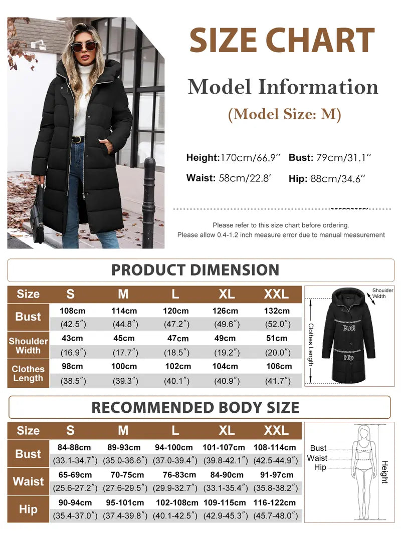 Womens Winter Long Puffer Coats Down Thicken Warm Quilted Jacket Mid-Length with Side Zipper and Hood Outerwear