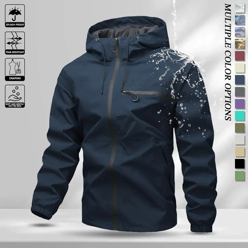 Men’s solid-color waterproof windproof hooded jacket with drawstring and zipper, casual long sleeves with zippered pockets, outdoor activity outerwear, men’s all-season clothing