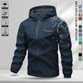 Men’s solid-color waterproof windproof hooded jacket with drawstring and zipper, casual long sleeves with zippered pockets, outdoor activity outerwear, men’s all-season clothing