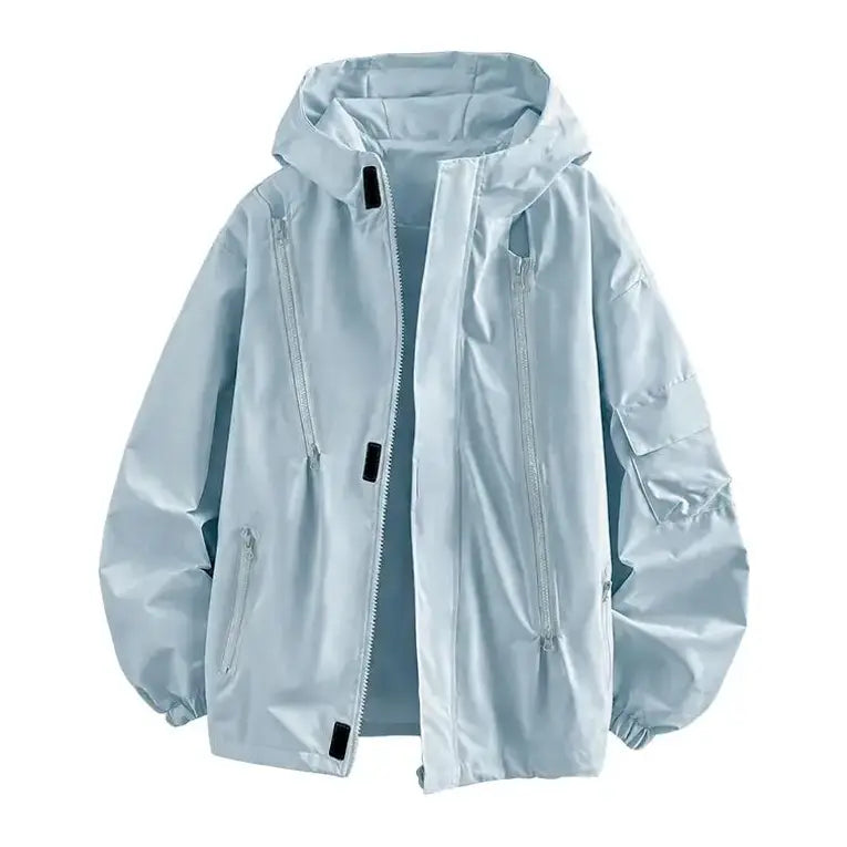 Men’s hooded windbreaker jacket, water-resistant fabric loose cargo outerwear with multiple zippered pockets, everyday outdoor casual top