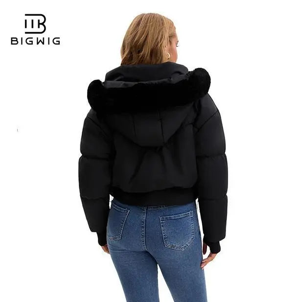 BIGWIG Women's Fitted Long-Sleeve Short Down Parka - 2025 Fashion New Style, Hooded, Stand-Up Collar, Quilted Filling, Zipper Closure, Outerwear Coats for Autumn & Winter Outings
