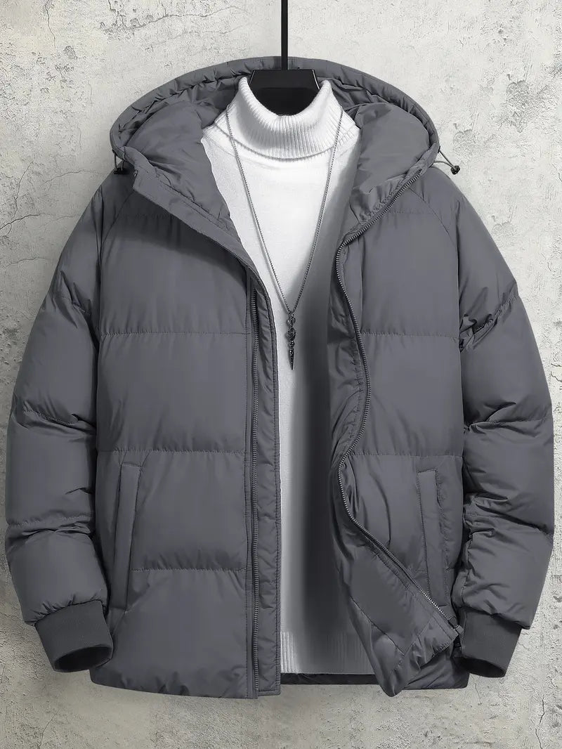 Men's Woven Cotton Hooded Puffy Jacket - Puffy Shape, Long-Sleeve, Zip-Up, Windproof, Loose Fit, Autumn Winter Warm Casual Streetwear Clothing, Fashion Streetwear Top with Pockets, M