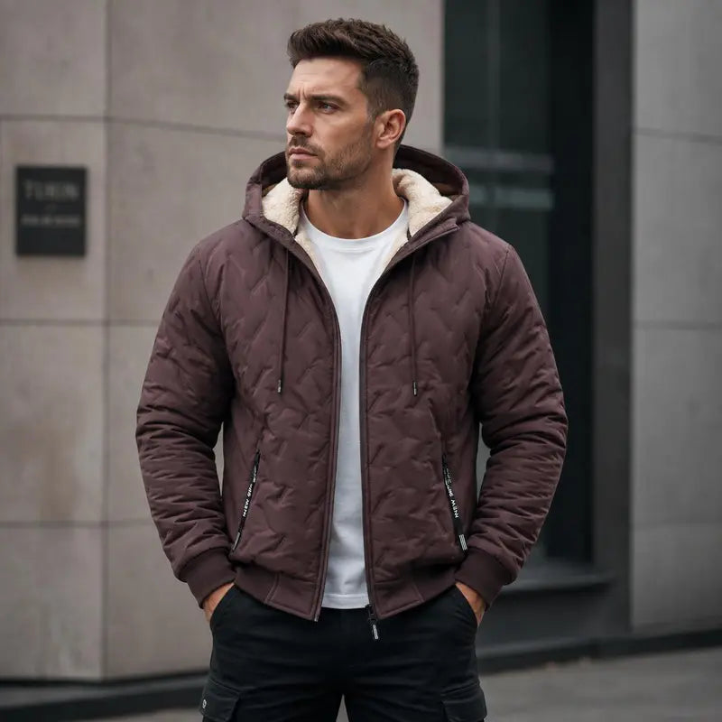 Men's Korean Casual Baggy Winter Jacket - Solid Color, Fleece-Lined Polyester, Hooded, Windproof for Outdoor Commuting, Woven, Hooded Protection, Long Sleeves Keep Arms Covered, Plain Style Keeps Outfits Clean, Windproof Coat zipper full