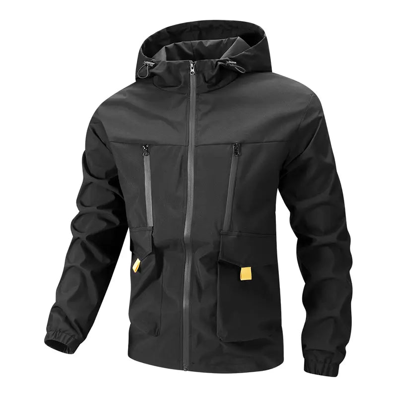 Men's Black Hooded Windbreaker Coat - Menswear Tops, Multi-Pocket Design with Yellow Contrast Tabs, Drawstring Adjustable Hood, Elastic Cuffs & Hem, Water-Repellent Fabric, Full Zip, Plain, Machine Wash for Spring Autumn Urban Street Casual Outfits