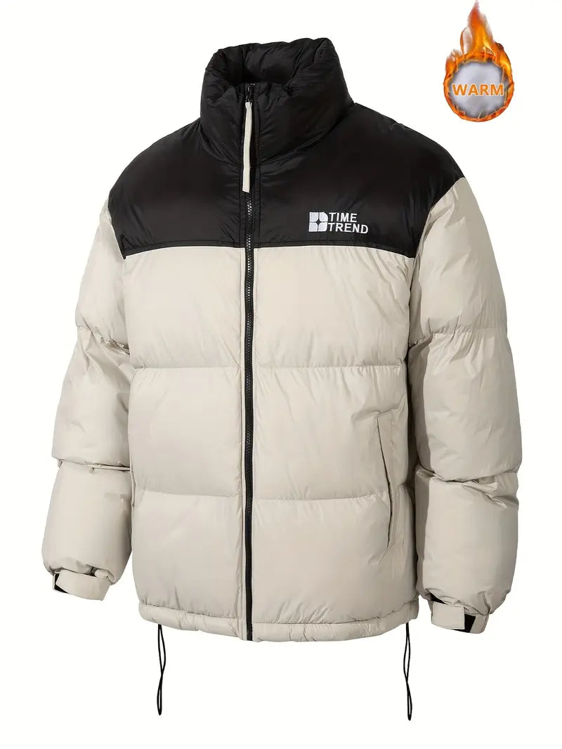 Men’s Winter Contrast‑Color Stand Collar Puffer Jacket, Windproof Warm Regular‑Fit Outer Coat, Casual Loose Outerwear for Daily Lifestyle & Outdoor Activities