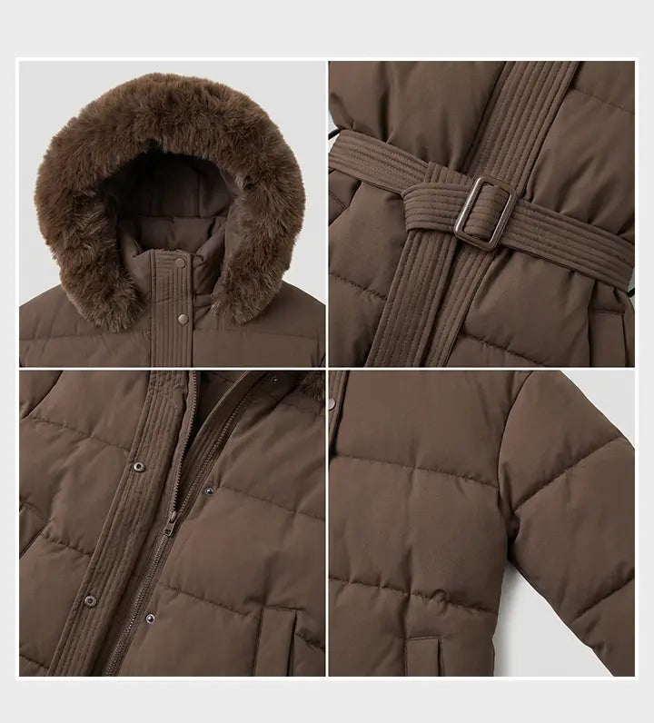 Katch Me Chic (US/CN)Women's Chic Solid Color Fluffy Hooded Zip-Up Belt Decor Cotton Coat, Cozy Outerwear Jacket for Fall & Winter, Classy Long Sleeve Womenswear