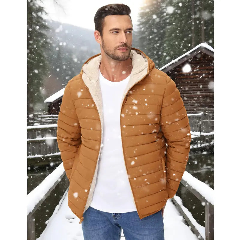 MAGCOMSEN Men's Puffer Down Jacket - Hooded, Sherpa Lined, Waterproof, Water Resistant, Zip Closure, with 1 Hidden Inner Pocket Winter Coat