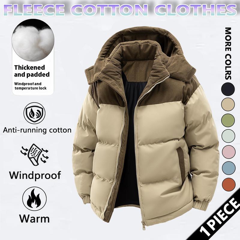 Men's Cotton Winter Coat Hooded Fleece-Lined Color-Block Jacket Casual Everyday Outerwear, Removable Hood, Windproof Padding, Thick Insulated, Anti-Running Cotton, Easy to Pair - Couples Style