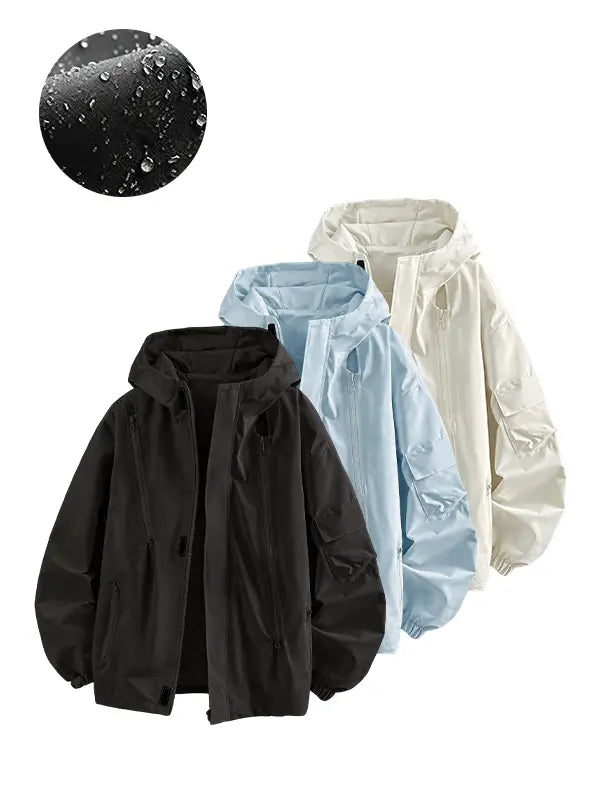 Men’s hooded windbreaker jacket, water-resistant fabric loose cargo outerwear with multiple zippered pockets, everyday outdoor casual top