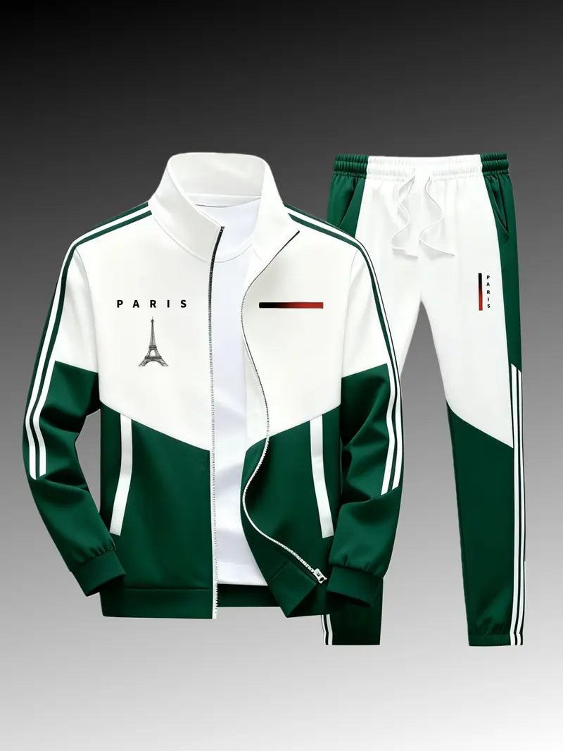 Men's 2-Piece Paris Logo Sportswear Set - Sports Outerwear Jacket & Jogging Pants, Geometric Print, Stand-Up Collar, Zipper Closure, Color-Matching Design, All-Season Streetwear Fashion Apparel Clothes Suits