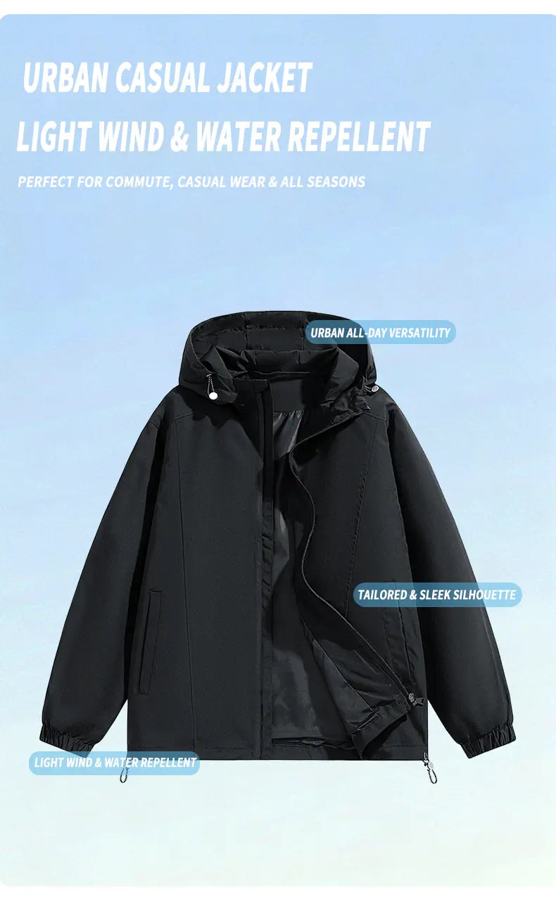 Men’s Loose-Fitting Long Sleeve Hooded Coats - Windproof, Waterproof Polyester Plain Tops with Adjustable Hem, Zip Up Closure, Casual Outdoor Menswear Outerwear for Everyday Wear (Beige, Black)