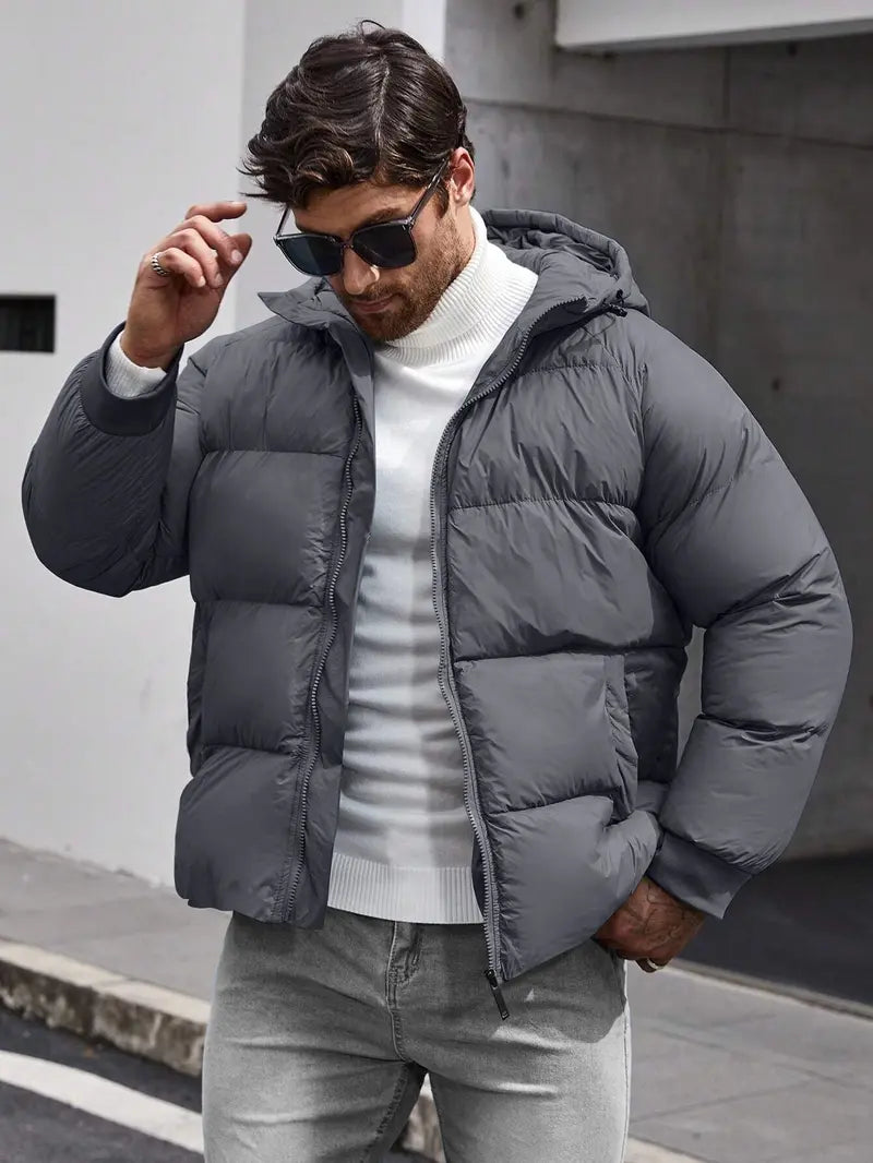 Men's Woven Cotton Hooded Puffy Jacket - Puffy Shape, Long-Sleeve, Zip-Up, Windproof, Loose Fit, Autumn Winter Warm Casual Streetwear Clothing, Fashion Streetwear Top with Pockets, M