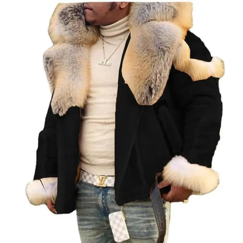 Material Upgrade Thickened Domestic Wearable Quality Men's Faux Leather Velvet Large Fur Collar Long Sleeve Jacket 6516