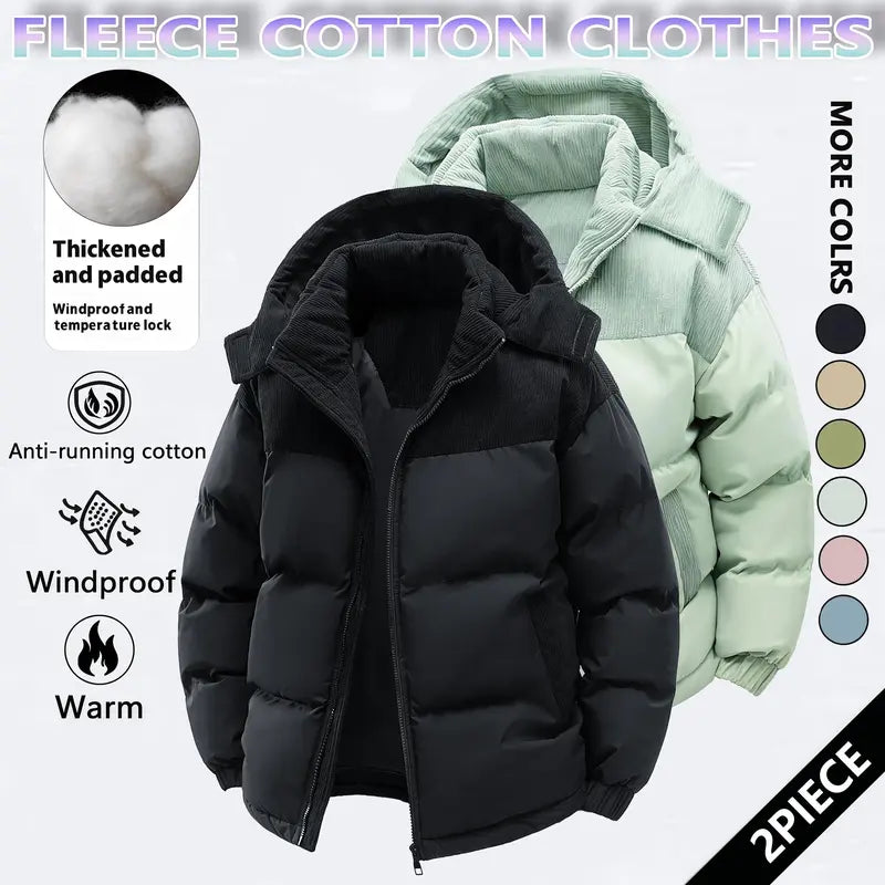 Men's Cotton Winter Coat Hooded Fleece-Lined Color-Block Jacket Casual Everyday Outerwear, Removable Hood, Windproof Padding, Thick Insulated, Anti-Running Cotton, Easy to Pair - Couples Style