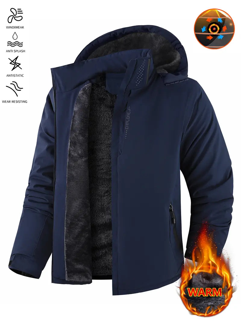 Men’s thickened waterproof windproof outdoor hooded ski jacket, slim-fit all-season sports outerwear suitable for winter camping and hiking, with a windproof hood