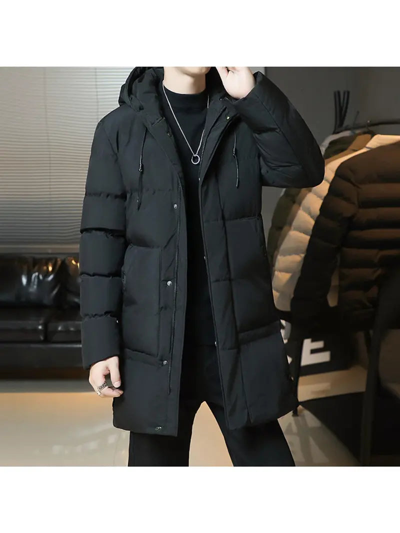 New men’s mid-length cotton hooded jacket, plus size for autumn/winter; loose fit, thick and warm, comfortable; suitable for outdoor travel, mountaineering, hiking, cycling, and running; fashionable, versatile, trendy.