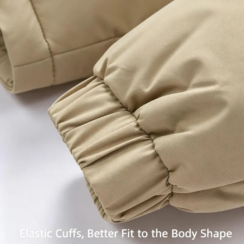 Men’s hooded puffer jacket for warmth and cold protection, corduroy panel color-block winter coat, suitable for extreme cold snow skiing and everyday casual wear.