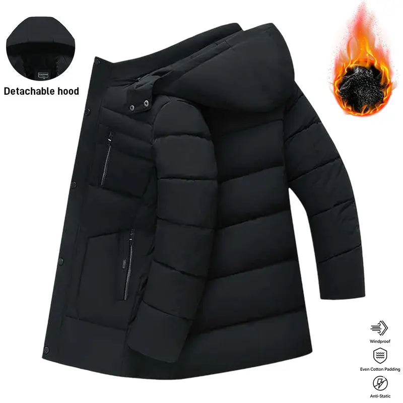 Men's Mid-Length Padded Casual Fashionable Jacket - Menswear Tops, Longsleeves, Detachable Hood, Windproof, Winter Warm-Lined, Plain Polyester, Pull-On, Lightweight Daily Outerwear