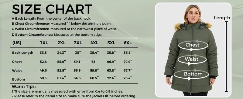 Women's Plus Size Quilted Mid-Length Polyester Puffer Coat - Long Sleeve, Water-Proof, Thick Keep Warm Jackets & Coats, Light Fabric, Flattering Fit Outerwear for Ladies