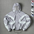 All Season Curved Contrast Spliced Fixed Hood Wind Jacket for Men, Tiny Chest Logo Velcro Cuffs & Drawstring Bottom Hem, Durable Light Zip Up Outer Coat for Shopping Training Street Style