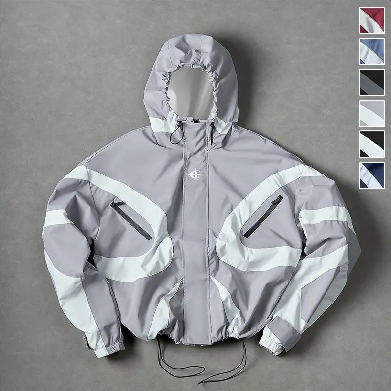 All Season Curved Contrast Spliced Fixed Hood Wind Jacket for Men, Tiny Chest Logo Velcro Cuffs & Drawstring Bottom Hem, Durable Light Zip Up Outer Coat for Shopping Training Street Style