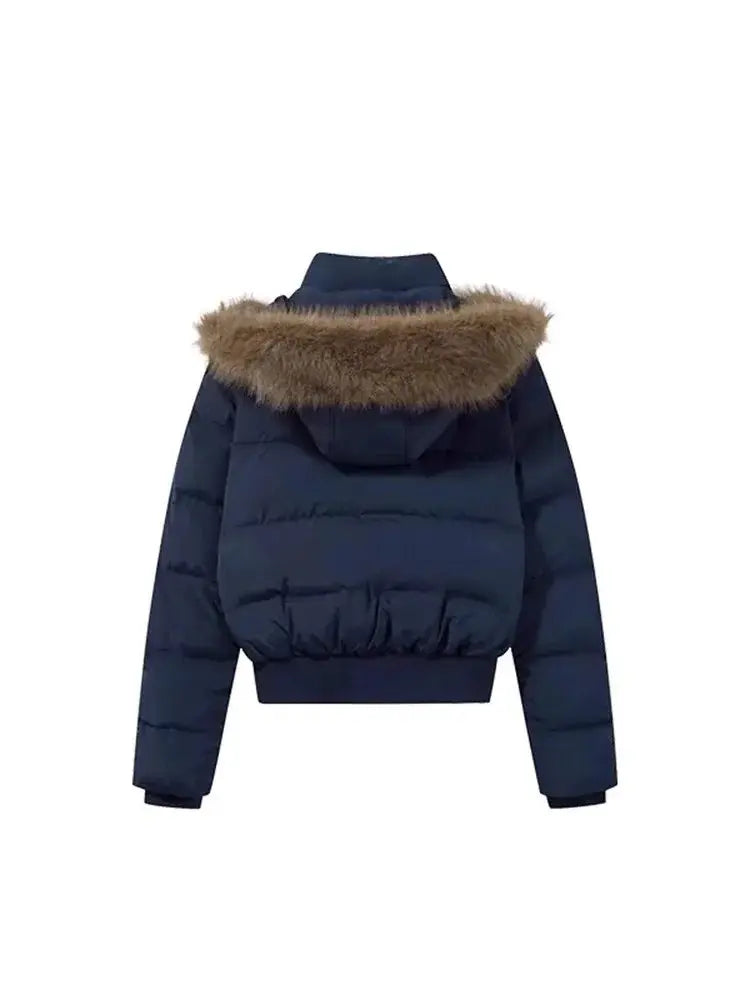 Autumn Winter Fur Hooded Jacket Women Outerwear Thick Dowon Cotton Padded Slim Short Parkas Female Cropped Puffer Bubble Coat