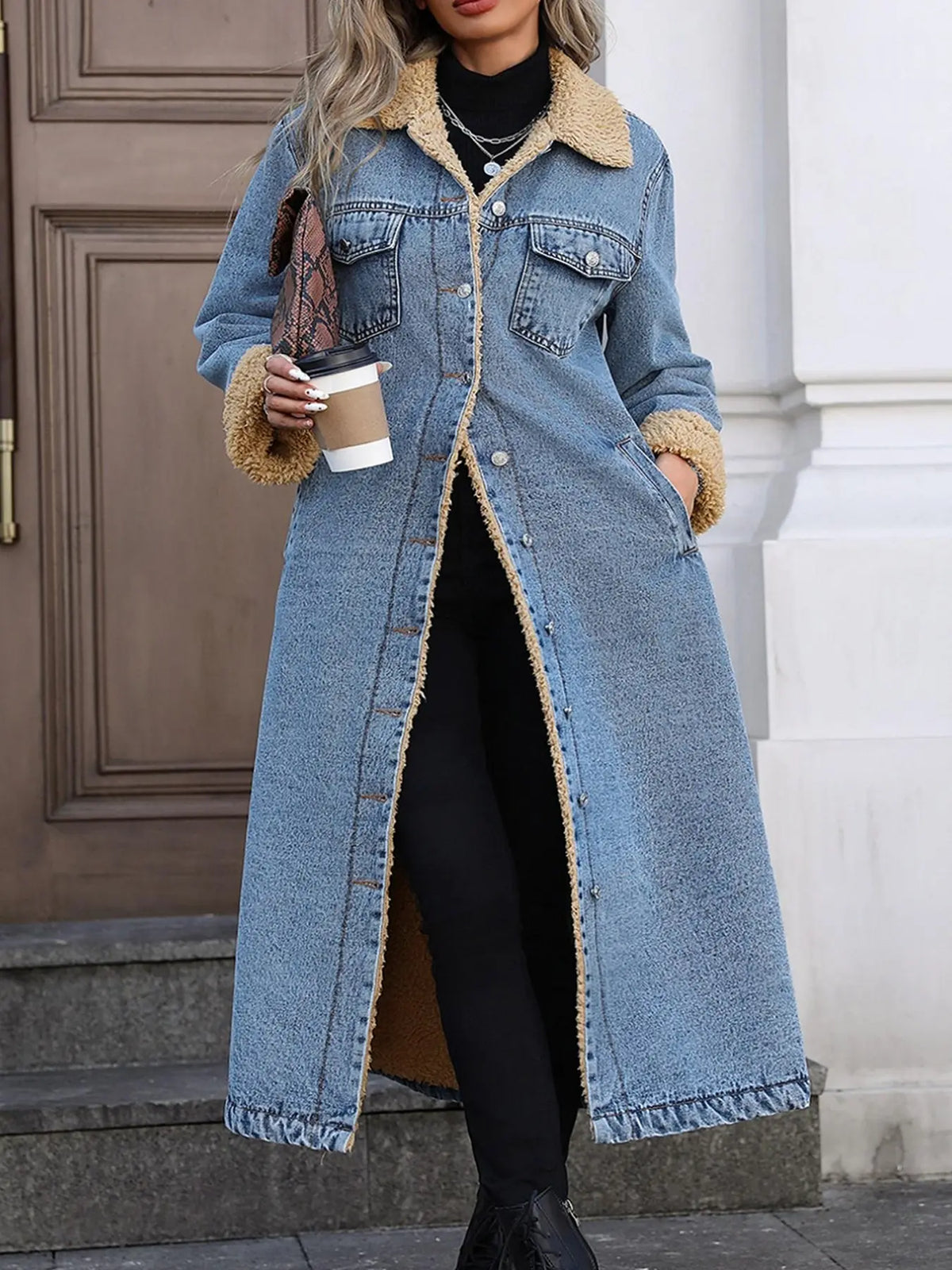 Women's Fall and Winter Casual Loose-Fit Long Jacket, Elegant Turn-Down Collar Warm-Lined Denim Coat for Plus-Size Women