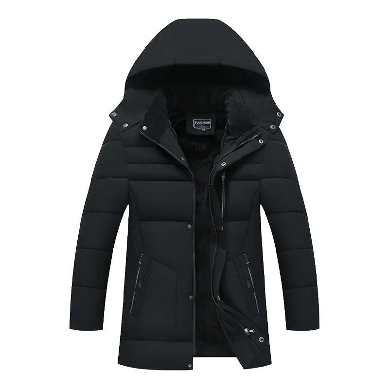Men's Autumn Winter Mid-Length Hooded Down Coat - Quilted Outerwear Jacket, Coats for Casual Wear, Plain Design, Stylish Zipper-Button Front Closure, Multiple Zippered Pockets, Straight Cut, Casual Topstitching
