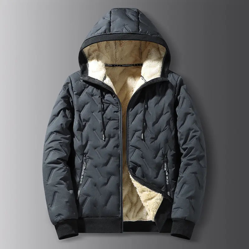 Men's winter jacket lined hooded jacket windproof and waterproof heavyweight outdoor warm jacket with safety zipper pocket high-performance filled bomb jacket lightweight geometric texture technology clothing black Sherpa Fleece