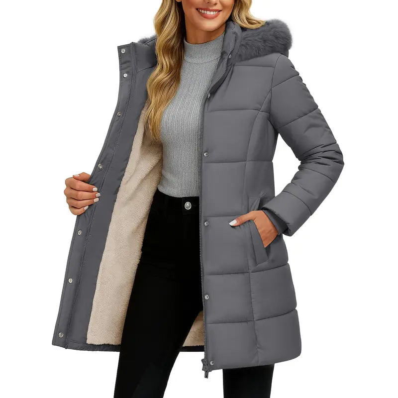Magcomsen Women's Long Winter Down Coat Fleece Lined Puffer Jackets | Sherpa,Hood,Pockets,Zip,Warm,Thicken,Parka,Coat,Winter,Warm Casual Fabric