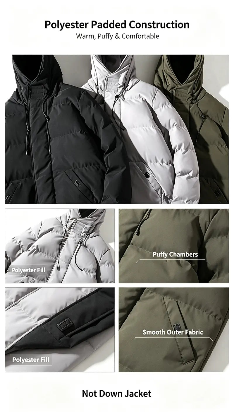 Men’s Winter Long Plain Puffer Jacket (Plus Size/Big & Tall) - Polyester-Filled Heavyweight Quilted Windproof Coat, Adjustable Drawstring Hood, Snap Buttons Hem, Zip-Up Street Chic Warm Jacket for Extreme Cold