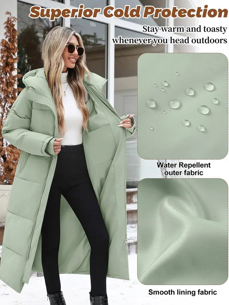 FASHORA Women Long Quilted Coat Hooded Maxi Length Long Sleeve Puffer Jacket Padded Coat Winter Outerwear Water-repellent