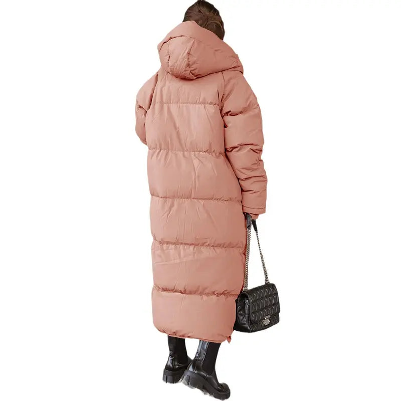 Danedvi Women's Long-Sleeve Soft Padded Quilted Hooded Neck Maxi Down Puffer Jacket - Ribbed Windproof Shell, Pocket, Zippered Closure, Chic Cold-Weather Outerwear, Holiday Gift, Fashionable Basic for Date Outings, Perfect Gift, Down Jacket