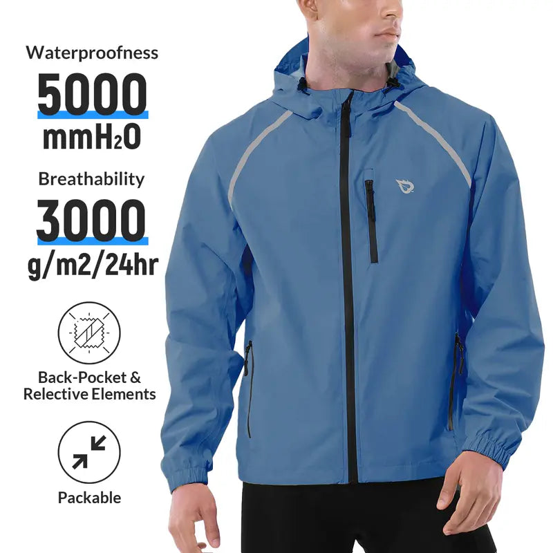 Baleaf Men's Packable Long Sleeve Synthetic Rain Jacket - Reflective, Waterproof, Wind Resistant Outerwear, Lightweight Hooded, Machine Washable Outdoor Everyday Wear for Cycling, Hiking